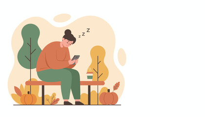 Sleepy woman sitting outside with coffee scrolling on smartphone during autumn