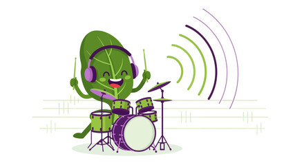 A Cheerful Leaf Character Playing the Drums with Headphones with Musical Notes
