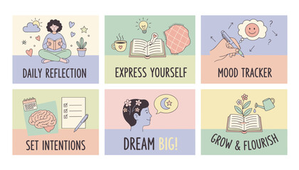 Selfcare and personal development concept illustrations reflection mood tracking and intention setting