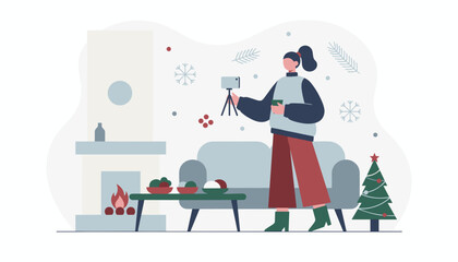 Vlogger records holiday greetings by the cozy fireplace with a Christmas tree