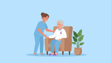 Professional caregiver assists senior woman with a purple ribbon Healthcare support and compassion