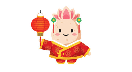 A Cheerful Character In Traditional Attire Holds A Lantern Celebrate Lunar Festival Time