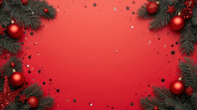 Christmas frame of fir branches, red ornaments, and stars on a vibrant red background. - Powered by Adobe
