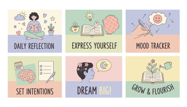 Selfcare and personal development concept illustrations reflection mood tracking and intention setting