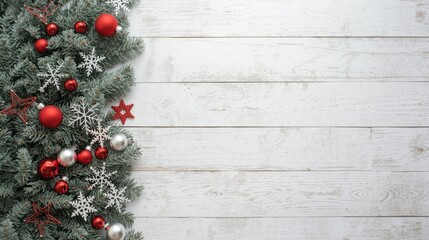 Frosted Christmas fir branches with red and silver ornaments on a white wooden background.