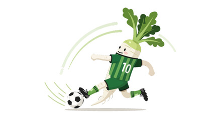 A Cheerful Radish Kicking Soccer Ball in Action With Energetic Graphic Design