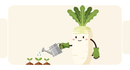 A Cheerful Radish Nurturing Seedlings with Gentle Care and Water in Sunny Environment