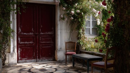 A red door of an old french house, surrounded by flowers and vines, with two chairs in front of it and a table on the ground next to them.