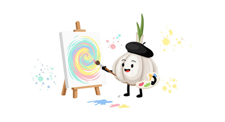 Fototapeta premium A Cheerful Garlic Artist Paints a Colorful Swirl on a White Canvas with Beret