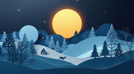A layered paper cut-out winter landscape at night with a full moon, trees, and a deer.