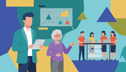 Multigenerational business team collaboration data analysis and strategy presentation illustration