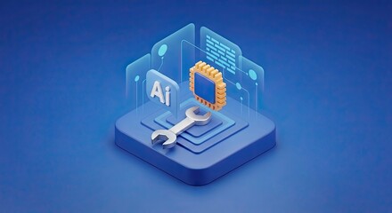 Perspective view of 3D AI predictive maintenance system icon with wrench and chip