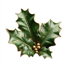 Fototapeta premium Close-up of a Detailed Golden-Trimmed Holly Leaf Ornament with Golden Berries on a White Background.