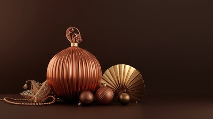 Elegant copper and gold Christmas ornaments and decorations on a dark brown background.
