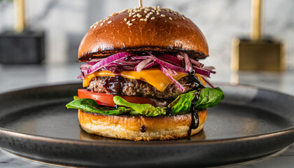 Classic gourmet burger with a juicy patty, melted cheese, fresh vegetables, and savory sauce on a toasted bun, presented beautifully for a delightful meal