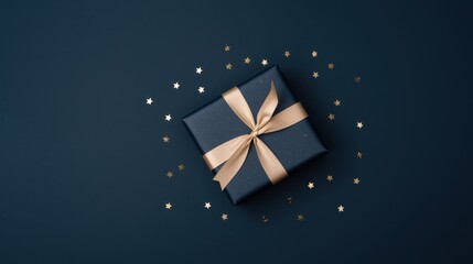 A dark gift box with a gold ribbon, surrounded by golden confetti on a dark background.