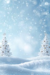 Two stylized white Christmas trees in a snowy landscape under falling snow and bokeh.