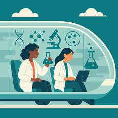 Women scientists working in futuristic laboratory pod