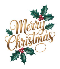 Elegant 'Merry Christmas' golden script illustration featuring vibrant holly leaves and red berries, perfect for festive holiday designs, greeting cards, banners, and joyful seasonal celebrations. 