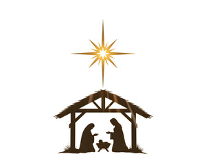 Classic Nativity scene silhouette with shining Star of Bethlehem. Features Mary, Joseph, and baby Jesus in manger, ideal for Christmas holiday designs, religious themes, and festive greetings.