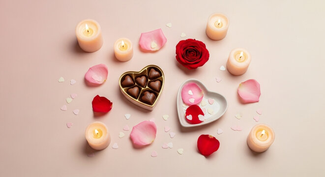 Romantic flat lay with heart-shaped chocolates, red rose, and delicate petals surrounded by glowing candles, perfect for special occasions
