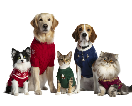 Adorable pets, including dogs and cats, dressed in festive Christmas sweaters. Perfect for holiday greetings, winter promotions, and cute animal-themed designs. Celebrate the festive season with th