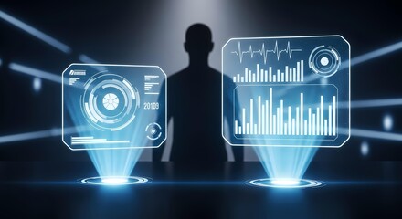 Silhouette of person interacting with futuristic holographic data displays.