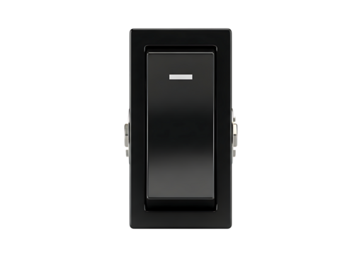 Black isolated rocker switch in the off position, power control. isolated on transparent background