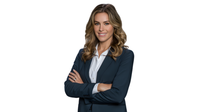 Confident businesswoman in a professional suit, arms crossed, smiling. Perfect for corporate success, executive leadership, or business professionalism. Isolated on black for versatile use. - Powered by Adobe