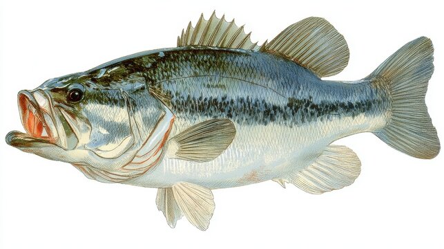  Antique Freshwater Fish Drawing with Open Mouth on White Background, Aquatic Wildlife.