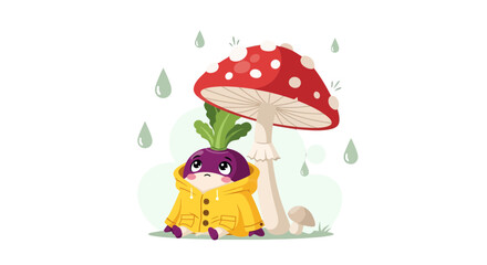 Fototapeta premium A Cute Vegetable, Huddled Under A Mushroom In The Rain, Looking Sad For Illustration