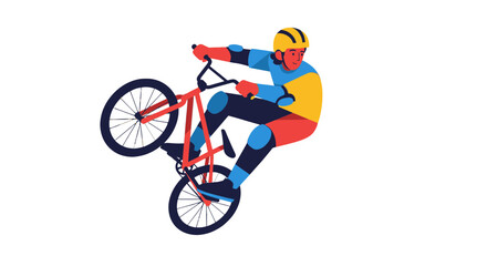 Fototapeta premium A Cyclist Performing A Wheelie Stunt Against A Stark Black Backdrop Demonstrating Skillful Maneuvers