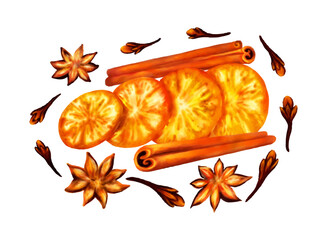 
Festive Citrus and Spice Watercolor Illustration. Dried orange slices cinnamon sticks star anise and cloves arranged in a warm festive spice illustration