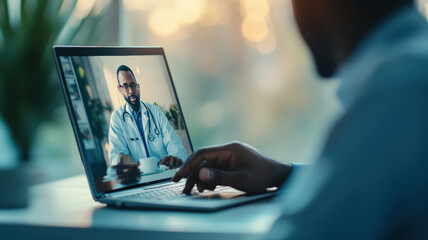 Telemedicine video consultation african american patient connects with male doctor on laptop, symbolizing modern remote healthcare solutions.