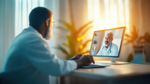 Modern telemedicine consultation black doctor engages senior physician on screen for professional remote healthcare services, illustrating digital health connection.