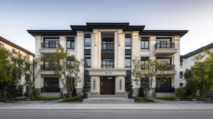 Obraz premium Elegant modern mansion amid lush greenery at dusk. Artificial intelligence image