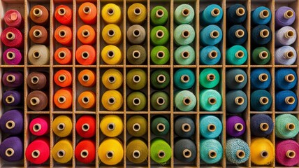 Assorted thread spools in vibrant colors on shelf. Artificial intelligence image