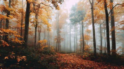 Obraz premium Autumn forest pathway with vibrant foliage. Artificial intelligence image