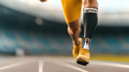 Determined athlete with high tech prosthetic leg runs powerfully on blurred stadium track, symbolizing resilience and athletic achievement.