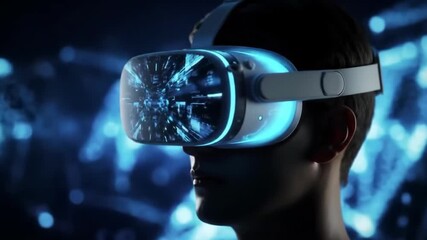 Person wearing a futuristic vr headset with glowing blue accents - Powered by Adobe