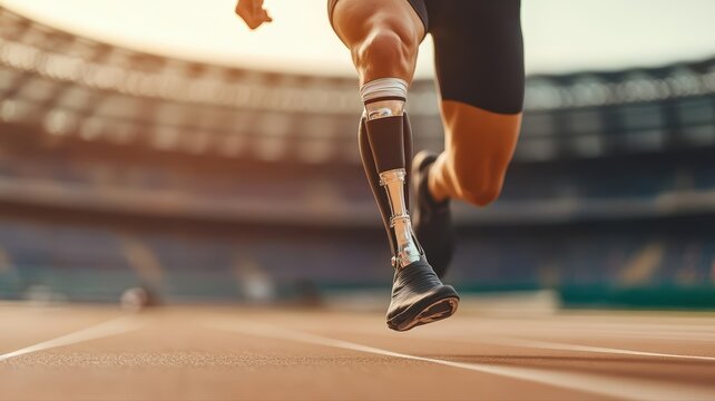 Powerful runner with prosthetic leg sprints on blurred stadium track at sunrise, symbolizing resilience and athletic determination.