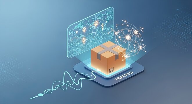 Perspective view of 3D AI-driven parcel tracking icon with package and map