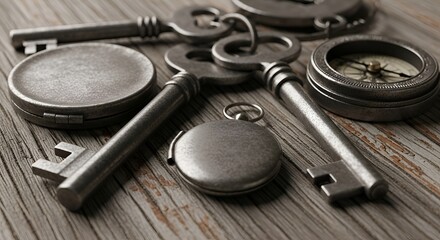 Several old-fashioned metal keys are the most prominent items.They have long shafts and ornate heads, typical of antique or skeleton keys.