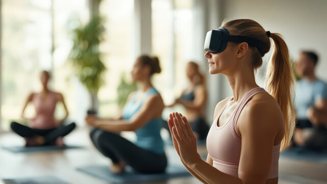 Young woman practices yoga and meditation wearing VR headset, enhancing her virtual wellness experience in modern studio environment. Concept of using technology for health