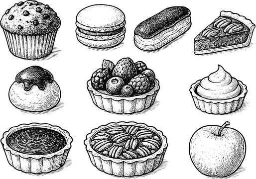 Hand drawn vintage dessert collection with tarts, pies, muffins, macarons, &eacute;clairs, fruits and classic sweet bakery treats