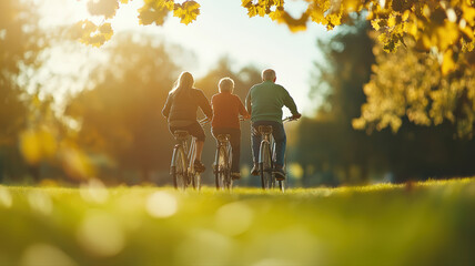 Group of elderly people cycling outdoors in golden autumn sunlight, enjoying active lifestyle, wellness, joyful togetherness, recreation and retirement concept in nature