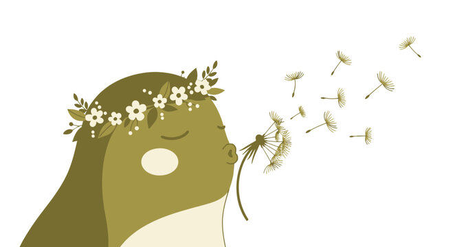 A Person Blowing Dandelion Seeds, Decorated With Flowers, on Black Background