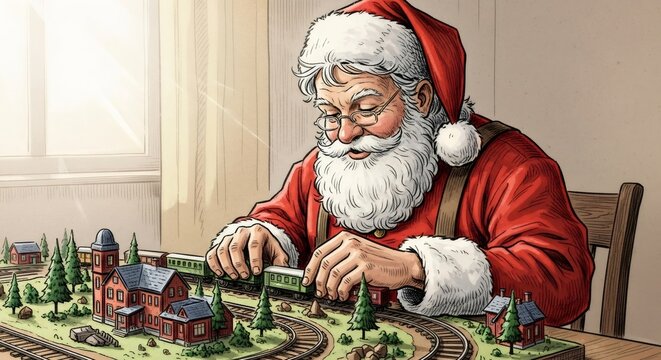 Santa Claus playing with miniature toy train set. Christmas spirit, holiday fun and childhood nostalgia for greeting card. - Powered by Adobe
