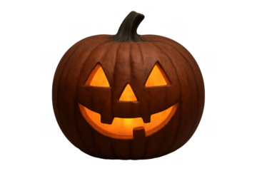 Carved halloween pumpkin glowing with a smiling face, creating a spooky seasonal decoration on transparent background