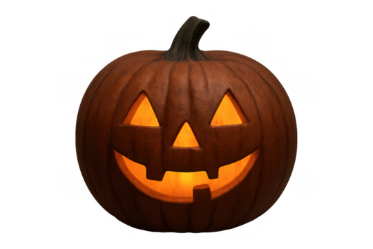 Carved halloween pumpkin glowing with a smiling face, creating a spooky seasonal decoration on transparent background